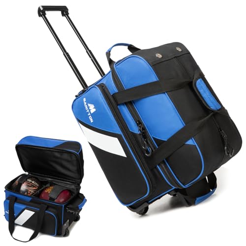 MARITTON Bowlingtasche mit Rollen, Doppelrolle, 2 Kugeln, separates Schuhfach und übergroßes Zubehörfach, 93 cm ausziehbarer Griff, Blau