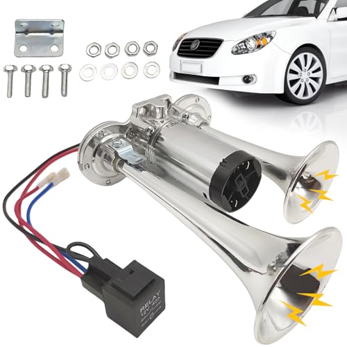 12V LKW Hupe, Laut Luft Horn Super Laut Autohupe mit Kompressor Doppelrohr Lufthorn Drucklufthorn Laute Hupe Kit für Alle 12V Fahrzeuge LKW Zug Auto Boot Motorrad Van