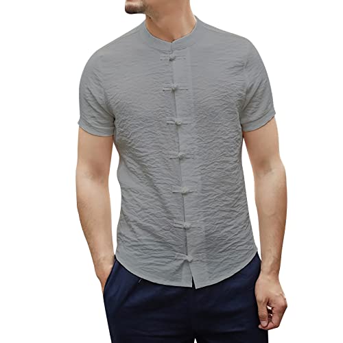 Hehiy Herren Baumwolle Leinenhemd Herren Hemd Kurzarm Henley Sommerhemd Regular Fit Freizeithemd Casual mit Taschen Hemd Herren Boss Party Hemd Herren XXXL