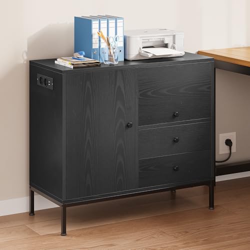 YITAHOME Aufbewahrungsschrank mit 3 Schubladen und Steckdose, Sideboard, Schrank aus Holz, Tisch für Druckerständer für das Heimbüro, Verstellbare Einlegeböden, Schwarz mit Holzmaserung, 80x40x90cm