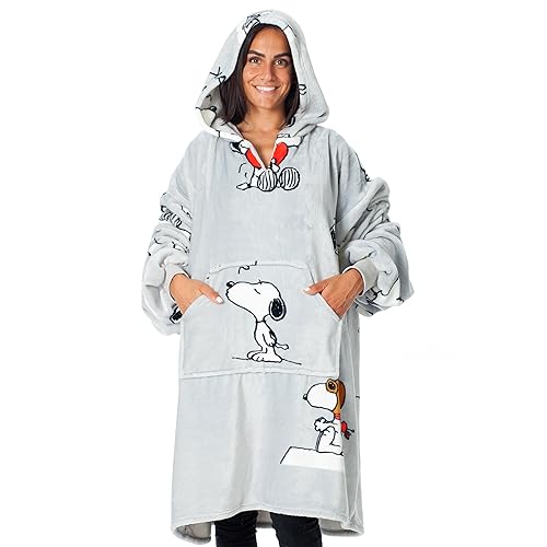 KANGURONE SNOOPY, Hoodie, Tragbare decke aus fleich mikrofaser, mit kapuze und tasche, geschenkideen für frauen und herren, oversized hoodie Hellgrau, 95X95 CM