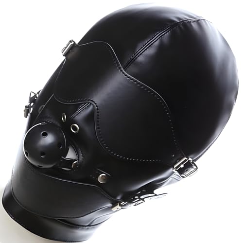 Bdsm Maske Schwarz verstellbar Full Face mit Mundknebel Ø4,5 cm und Augenbinde Kopfmaske Leder für Paare Männer Frauen Atmungsaktiv verstellbar hinten Fetisch Bondage Fetish Ballknebel FOPS B23-7