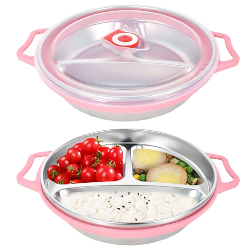 Mikrowellen Teller Mikrowellengeschirr mit Deckel, Mikrowellen Teller 22CM, Mikrowellen Teller Mikrowellengeschirr mit 3 Fach Aufteilung, Lunch Box Geeignet für Kinder, Frosten Übriger (Rose)