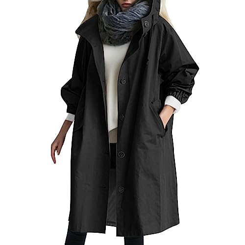 Beokeuioe Damen Trenchcoat Oversized Mantel Lang Umlegekragen Windjacke Einfarbig Damenmantel Übergangsmantel mit Taschen und Knöpfen Jacke Outwear Windbreaker Leicht Kapuzenjacket