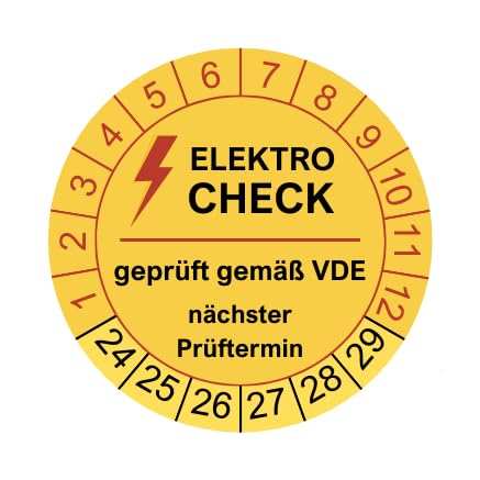 50 Prüfplaketten Elektrocheck 2024 - ø 30mm - 2025-2030 - nachhaltig - gelb - geprüft gemäß VDE - Nächster Prüftermin - Aufkleber Prüfaufkleber Prüfetiketten E-Check Elektrocheck