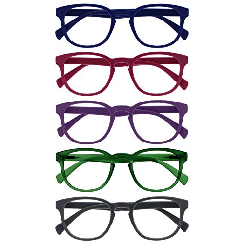 OPULIZE Pop Lesebrille 5er Pack Keck Rund Matt Rahmen Federscharniere Kratzfest Blau Rosa Lila Grün Grau Herren Damen RRRRR2-34567 +2.00