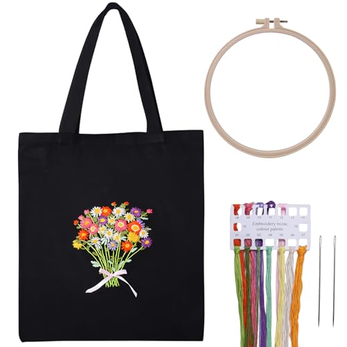 Vegena Canvas Tote Bag Stickset, Stickerei Kit für Anfänger Erwachsene, Canvas Tasche Stickerei Set, Kreuzstich-Set für Erwachsene, Sticktasche mit Blumenmuster, Bambus Stickrahmen Farbfäden (Blume)