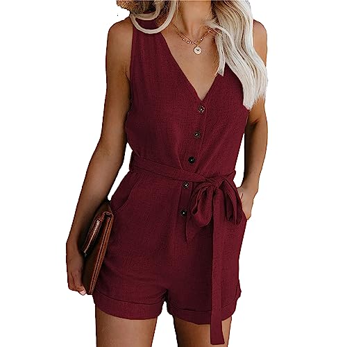 OULIWANGLUO Damen Einfarbige Sommer Casual Jumpsuits Straight Leg Sport Elastischer Bund Freizeit Shorts Baumwolle Lockere Stretch Shorts (Rotwein,XXL)