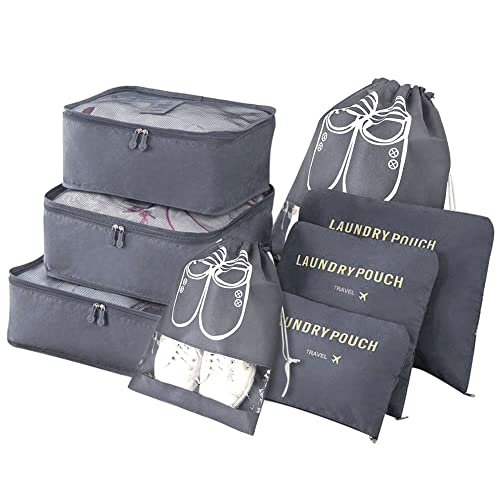 Vicloon Koffer Organizer, 8-in-1-Set Gepäck Organizer, wasserdichte Reise Kleidertaschen umfassen 2 Schuhbeutel, 3 Packwürfel und 3 Aufbewahrungsbeutel, für Kleidung Schuhe Kosmetik - Grau
