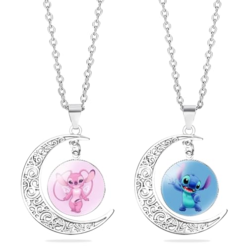 Clvsyh 2 PCS St-itch Mondsichel Halskettel, St-itch Cartoon Halskette, Lilo und St-itch Halskette, Mond Anhänger, St-itch Schmuck Für Kindertagsgeschenk