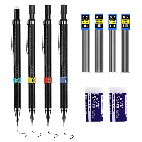 4 Stück Druckbleistift Set 0,3/0,5/0,7/0,9 mm Minenbleistift, 4 Tuben (48 Stück) HB Bleistift Minen Austauschbare Nachfüllungen und 2 Stücke Radiergummis, für Studenten, Schreiben, Zeichnen (10pcs)