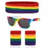 BETESSIN 4 Stück Gay Pride Accessoires - Regenbogen Schweißbänder Set und Brille - LGBTQ Accessoires für Christopher Street Day, Schwulenparade, Party, Fest und Events