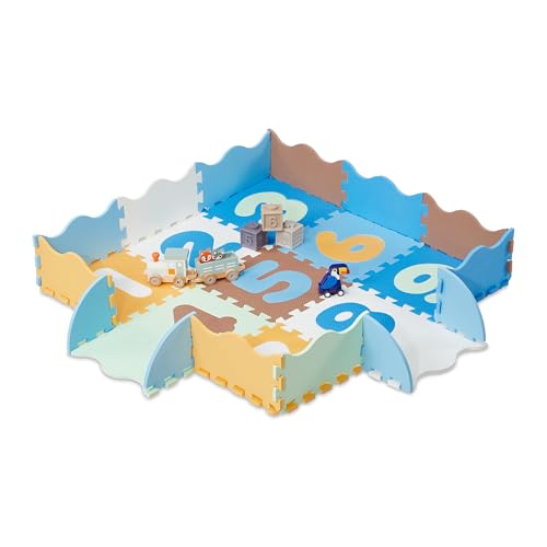 Relaxdays Puzzlematte mit Zahlen, 34-TLG. Spielmatte mit Rand, schadstofffrei, abwaschbar, Schaumstoff, Babymatte, bunt, 1 x 30 x 30 cm, Blau, Gelb, Weiß