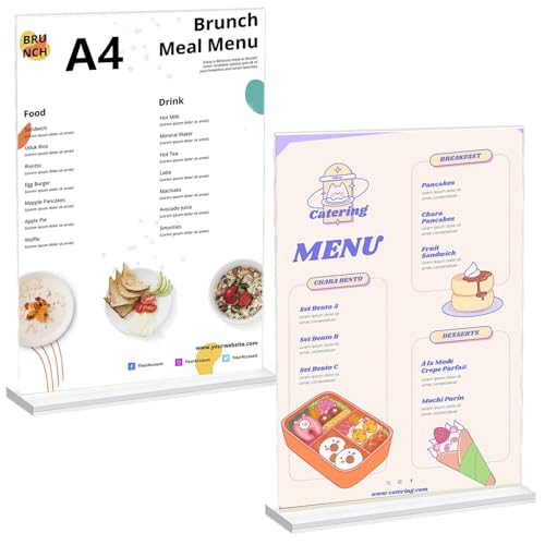2 Stück A4 Aufsteller A4, Tischaufsteller A4, Acryl Aufsteller, Menükartenhalter, Postkartenständer, Speisekartenhalter, Werbeaufsteller, Transparent Acryl Tischständer für Büro Restaurants Menü