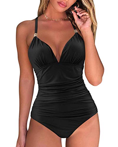 RXRXCOCO Badeanzug Damen Raffungen Bauchweg V Ausschnitt Push Up Shape Bademode Neckholder Einteilige Rückenfrei Badeanzug Schwarz Size XXL