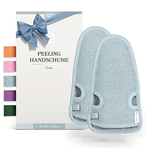 LoWell® 2 Stück Peelinghandschuh Körper, Hamam Handschuh Peeling für Körper und Gesicht, Handschuh Peeling, Exfoliating Gloves, Body Scrub, Bonus Peeling Guide und 2 Saugnäpfe, Grau