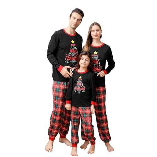 Weihnachten Pyjama Set für Familie, Schlafanzug Lange Ärmel Tops+Plaid Hosen Nachtwäsche Outfit Set für Damen Herren Jungen Couple(Damen,M)