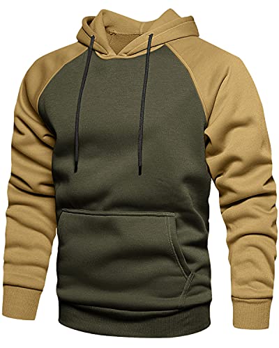 MANLUODANNI Herren Kapuzenpullover, Raglan Hoodie Herren Pullover mit Kapuze Casual Sweatshirt Classic Farbabstimmung Hoody Rundhals Armeegrün L