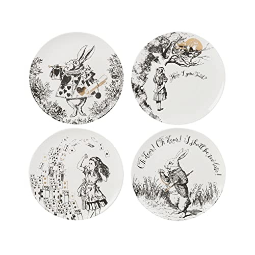 V&A Alice im Wunderland Beilagenteller, für Abendessen, Nachmittagstee oder Frühstück, feines Porzellan, 20,5 cm (8''), 4er-Set, Weiß