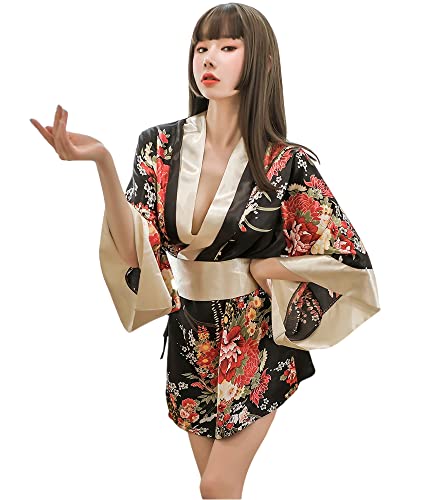 Traditioneller japanischer Kimono-Stil für Damen, Yukata-Kostüm, Pyjama, sexy Cosplay - Schwarz - Groß