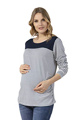 M.M.C. Gestreiftes Langarm Umstandsshirt für die Schwangerschaft Damen Umstandsmode Umstandspullover Pulli Pullover Sweater Oberteil mit Streifen (Blau, Small)