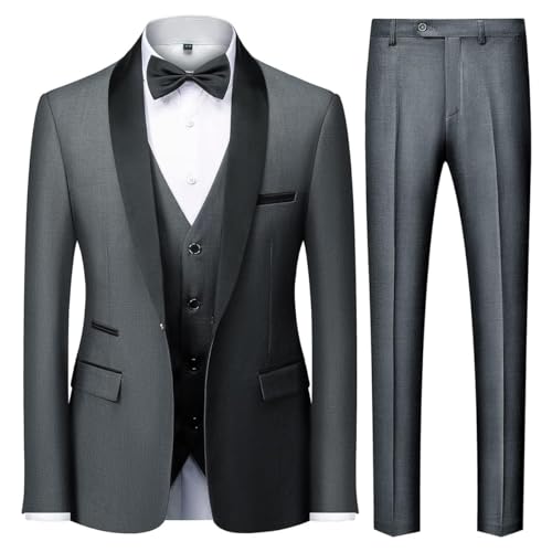 KUDMOL Herren 3 Stücke Anzug Slim Fit EIN Knopf Schal Revers für Hochzeit Prom Blazer Weste Hosen Set(Grau,L)