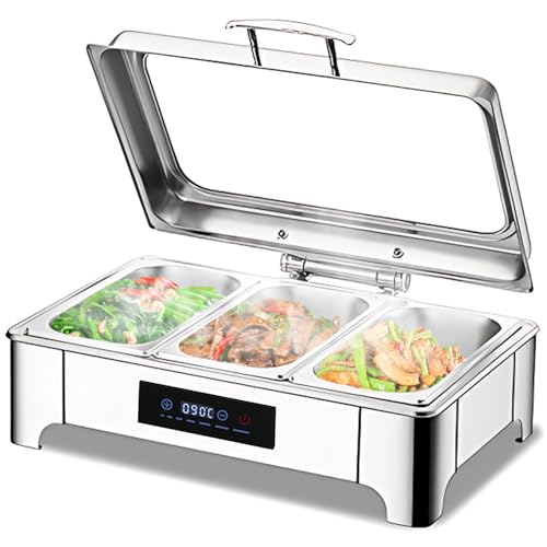 VFDZ Chafing Dish Elektrisch 9L, Catering Warmhaltebehälter Smart-Temperaturanpassung, Rechteckiger Chafing Dish Set Speisenwärmer mit Sichtbarem Glasdeckel (B, 1/3 PAN)