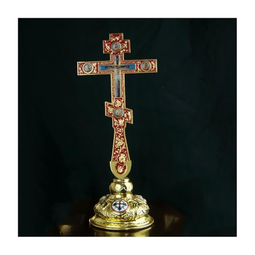 JOSUR Orthodoxe Kirche Jesuskreuz-Dekoration, for Haus und Garten, religiöse Gebetszeremonie, Kreuz, das Kreuz hält, Familienkreuz-Dekoration mit Sockelzubehör(Red)