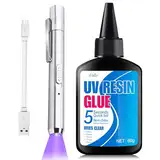 UV Harz mit Lampe - 60g UV Kleber mit Wiederaufladbarer UV Taschenlampe, 5 Sekunden Schnellhärtung, Schnelles Kleben & Schweißen UV Klebstoff, Ideal zur Reparatur von Schmuck, Glas, Harz, Kunststoff