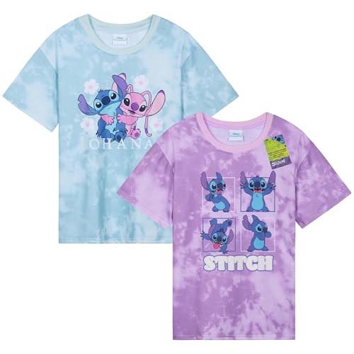 Disney Stitch T Shirt Mädchen Teenagers mit Rundhalsausschnitt 2er Pack Farbenfrohe T-Shirt Kinder Set Geschenke für Mädchen (13-14 Jahre, Lila/Blau, 2)