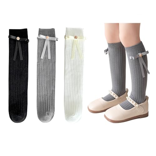QKURT 3 Paar Kniestrümpfe für Mädchen im Alter von 4-12 Jahren, lange Baumwollsocken, Schuluniform-Socken mit Schleifen, Schulanfangssocken, einfarbige Stretch-Socken