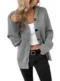 Eleganzeit Damen Strickjacke mit Kapuze Kurz Strick Cardigan mit V-Ausschnitt Knopfleiste Open Front Casual Sweater Pullover Grau M