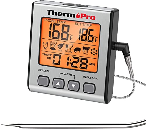 ThermoPro Digitales Grill-Thermometer Bratenthermometer Fleischthermometer Ofenthermometer mit Timer, Orange Hinterbeleuchtung, Temperaturbereich bis 300°C