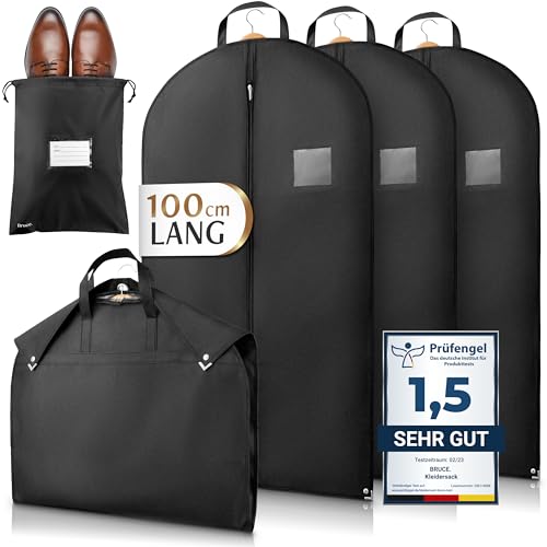 Bruce.® 3x Premium Kleidersack inkl. 1x Schuhbeutel I 100 x 60 cm I Optimierte Materialstärke von 120 GSM I Hochwertige Kleiderhülle für Anzug und Kleid I Atmungsaktive Anzugtasche für Reisen