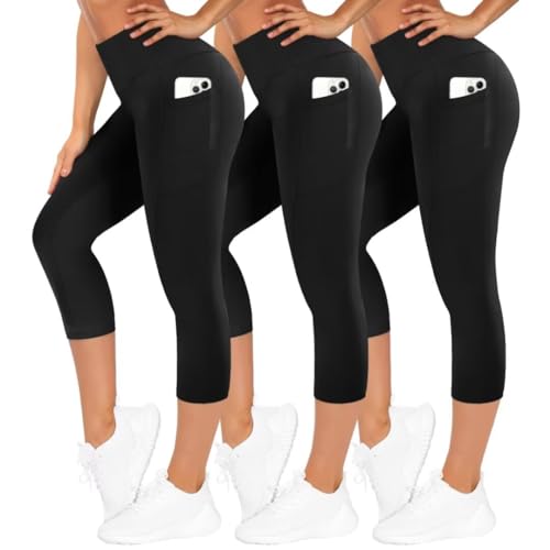 TNNZEET 3er Pack Capri Leggings Damen 3/4 für Sport, 7/8 Leggins High Waist Sporthose für Gym(Schwarz/Schwarz/Schwarz-1,L-XL)