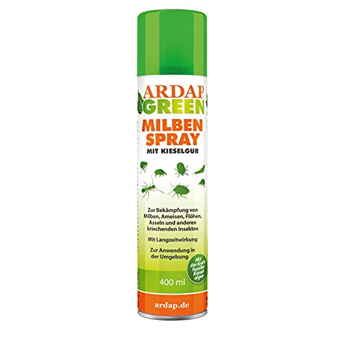 ARDAP GREEN Milbenspray mit Kieselgur 400ml - Mit Langzeitwirkung gegen Milben, Bettwanzen, Ameisen, Flöhen, Asseln und mehr - Kieselgur speziell für Hühner, Anti Milben Hühner