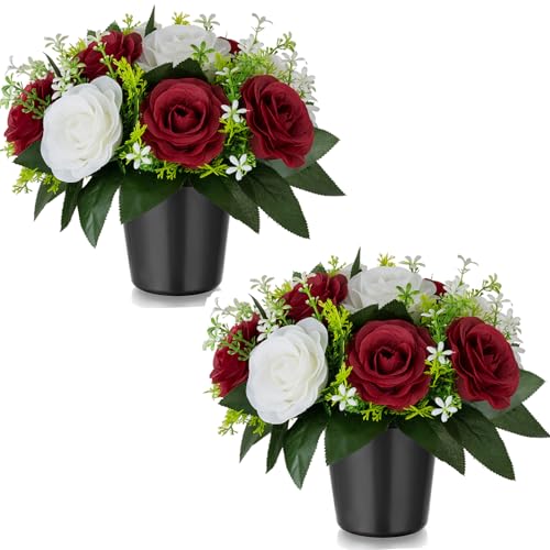 Memobloom Künstliche Blumen im Topf für Grabschmuck: 2 Stücke Rote Kunstblumen Künstlich Rosen Grabgestecke mit Vase für Grab Friedhof Deko Grabgesteck Blumenstrauß mit Grabvase für Grabstein Grabdeko