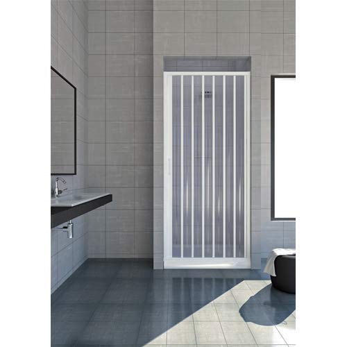 Duschkabine 100 cm, Modell Giada, ausziehbar, aus PVC, Einzeltür mit halbtransparenten Paneelen, seitliche Öffnung mit Faltklappe, Farbe Weiß.
