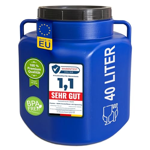plasteo® 40 Liter Weithalsfass mit Deckel und Griffen Eckig Blau, Lebensmittelecht und BPA-Frei, Futtertonne Kunststofffass Universalfass Deckelfass Wasserfass Regentonne Lagerfass, Blau