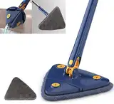 Earnmore 360 Grad Dreieckiger Reinigungsmopp, Dreieckiger Teleskop-Mopp Drehbarer Verstellbarer Wischmopp, Multifunktionaler Push-Pull-Automatischer Quetschmopp (blau + 1 Pads)