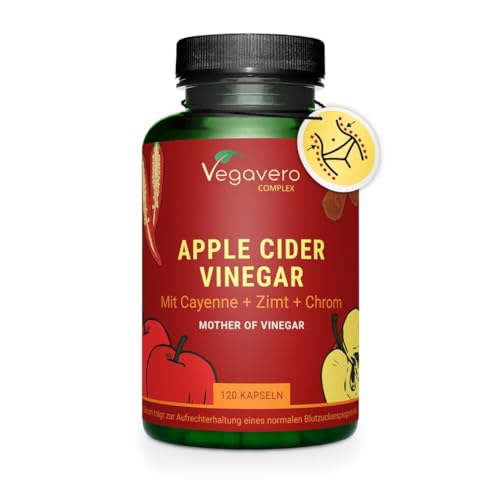 Apfelessig Kapseln | 1500 mg | Essig Komplex + Cayennepfeffer + Ingwer | Blutzucker* & Stoffwechsel | Apple Cider Vinegar | Laborgeprüft & Vegan | Vegavero®