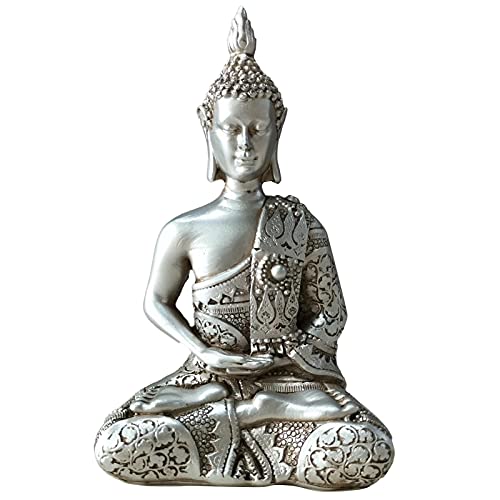 Thailändischer Buddha, sitzend, klein, meditierend, Frieden-Harmonie-Statue, Zen-Garten-Buddha-Skulptur, Dekoration für Haus, Garten, Terrasse, Deck, Veranda, Hof, Kunstdekoration (Silber)