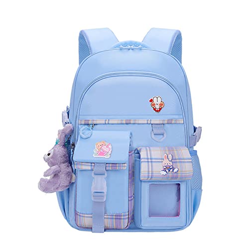 Myyunhx Rucksack für Mädchen Kawaii Grosse Kapazität Rucksack für Mädchenschule Süße Mädchenschule Tasche Mit Plüsch Cartoon Anhänger und dekorative Karte Für jugendliche Mädchen Schulranzen (Blau)