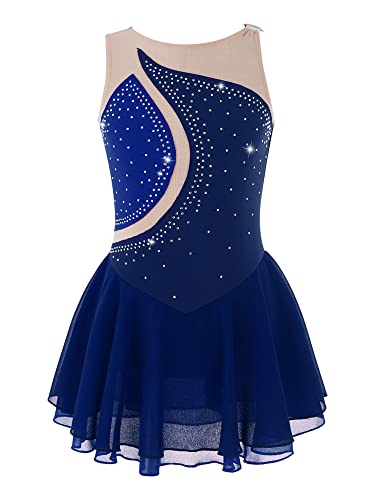 Alvivi Eiskunstlauf Kleid Mädchen Ballettkleid mit Strass Rollschuhkleid Wettbewerb Gymnastik Tanzkleid Gymnastik Turnanzug Dunkel Blau 170-176