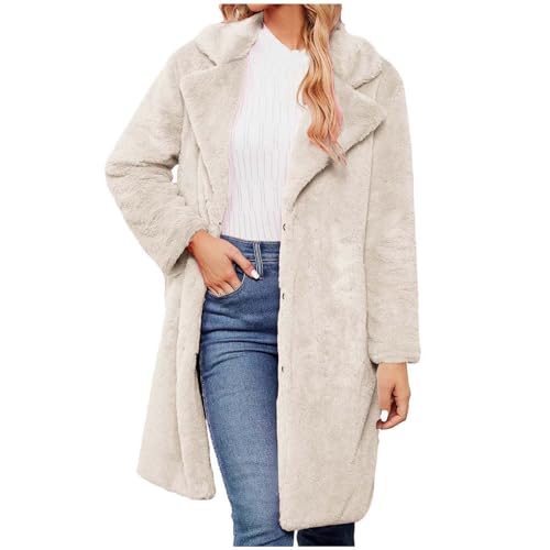 Winterjacke Damen Lang Kunstpelz Mantel Langarm Fleecemantel Wintermantel Warme Kunstpelz Jacke Fake-Fur Luxuriös Kunstpelzmantel Einfarbig Dicke Oberbekleidung Umlegekragen Übermäntel Strickjacken