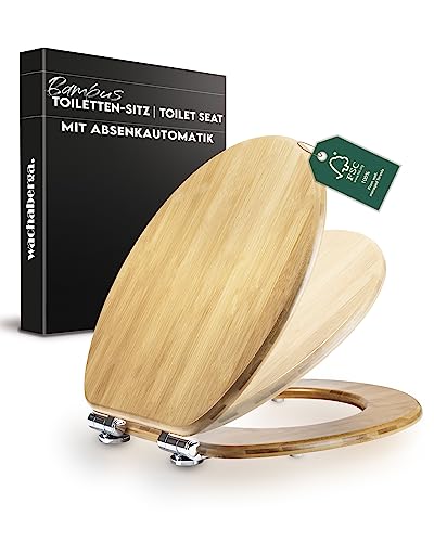 Bambus WC Sitz mit Absenkautomatik - bombenfester Halt des Bambus Klodeckels durch Spezialscharniere - Toilettendeckel Holz mit antibakterieller 3-fach versiegelter Lackierung