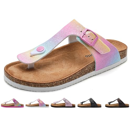 Torotto Zehentrenner Kinder Flip Flops Mit Kork Pantoletten Mädchen Jungen Hausschuhe Riemen Verstellbare Schnalle Rutschfeste Schlappen für Drinnen und Draußen(Regenbogen Glitter, 30EU)