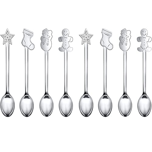 Christmas Spoons,8 Stück Weihnachtslöffel Edelstahl Weihnachten Kaffee Löffel Set Dessertlöffel Eislöffel Lang Weihnachts Löffel Lang Latte Macchiato Weihnachten Teelöffel Weihnachtsfeierbesteck