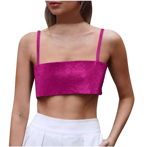 Kurzes Damen Glitzer Pailletten Top Rundhalsausschnitt Spaghetti Schulterfreies Rückenfrei Einfarbig Unterhemden Tanktops Frauen Camisole Ärmellos Sexy Ohne Arm Bluse Oberteile Tops Party 2024