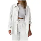 PTLLEND Damen Musselin Zweiteiler Sommer Hosenanzug Tracksuit Elegant Outfits Kleidung 2 Teiler Set Hemd Top + Shorts Aesthetic Clothes Freizeit Strand Sport Loungewear Outfit(Weiß-c,3XL)